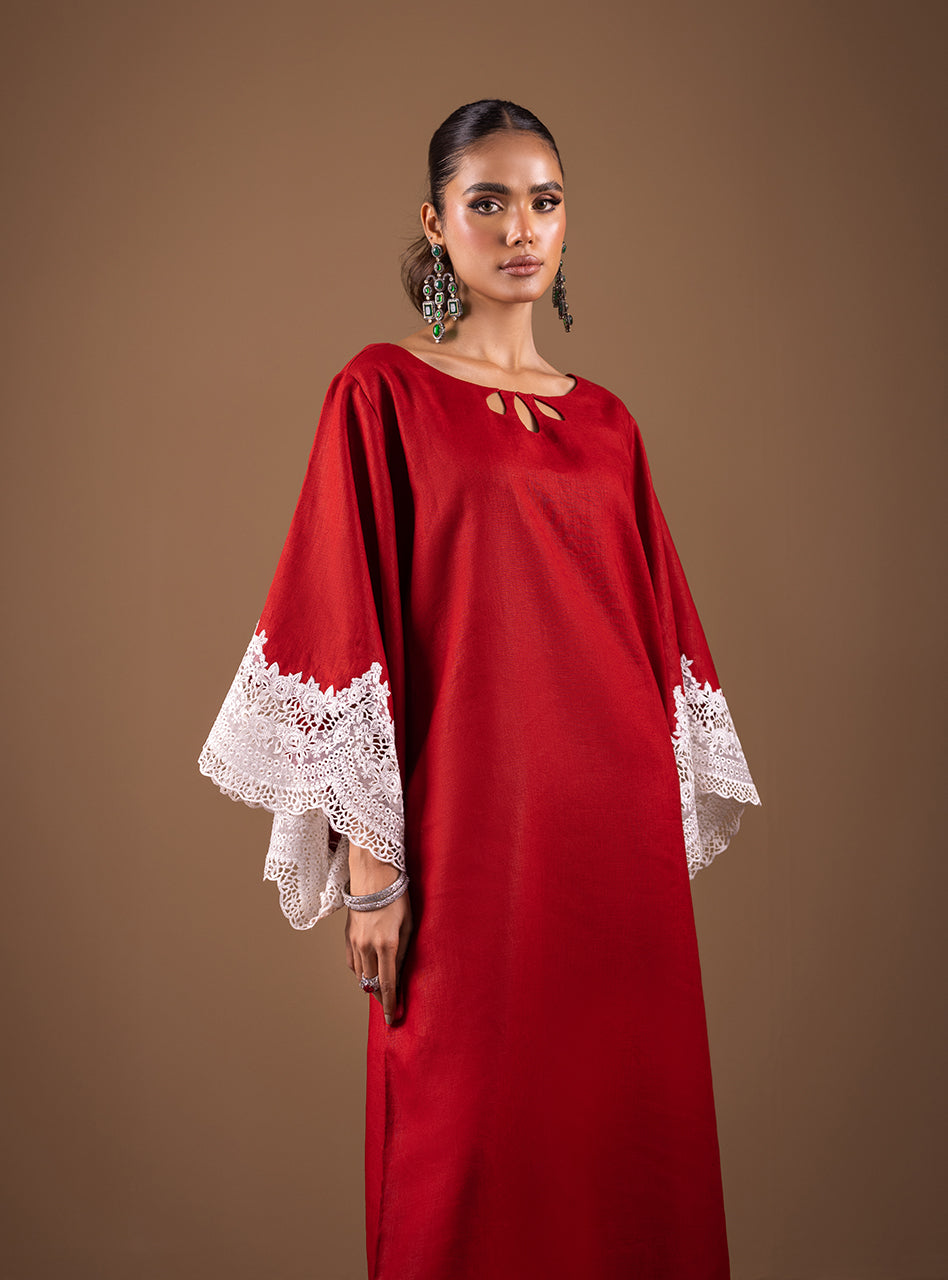 Pakistani Red Lace Linen Kaftan (1-Pc) - Image 5