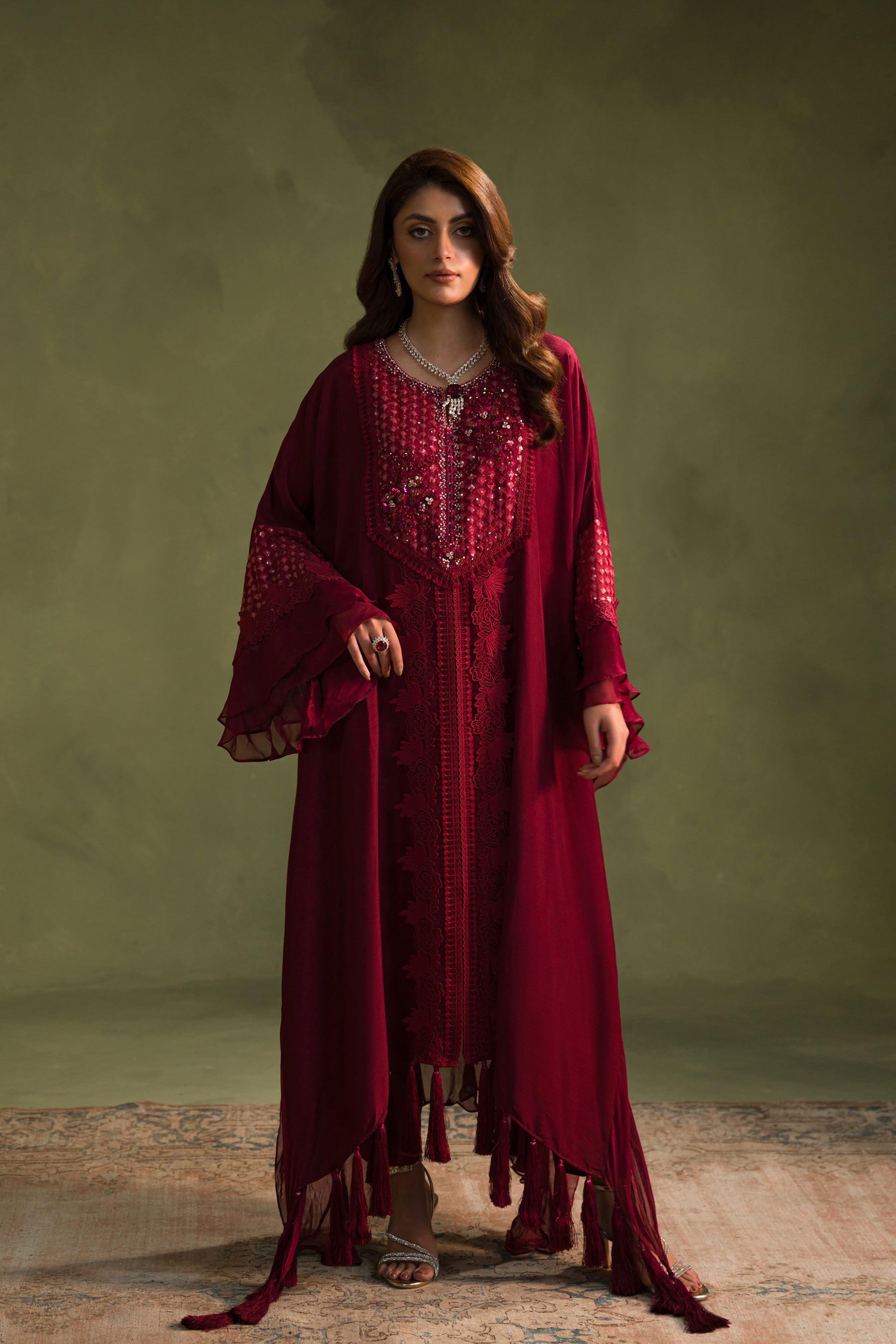 Pakistani Deep Red Hand-Embellished Blended Raw Silk Kaftan (2-Piece) - Image 1