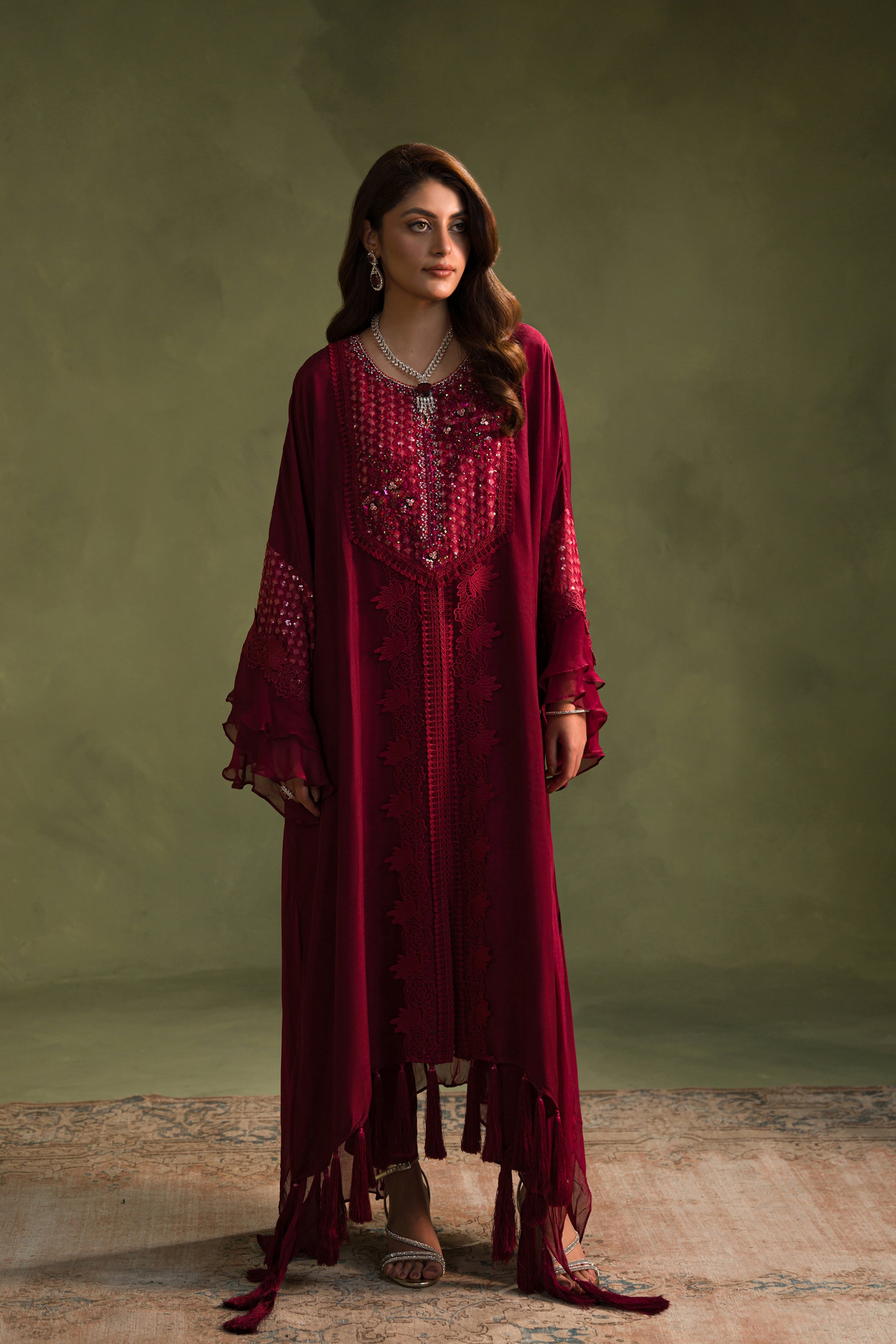 Pakistani Deep Red Hand-Embellished Blended Raw Silk Kaftan (2-Piece) - Image 2