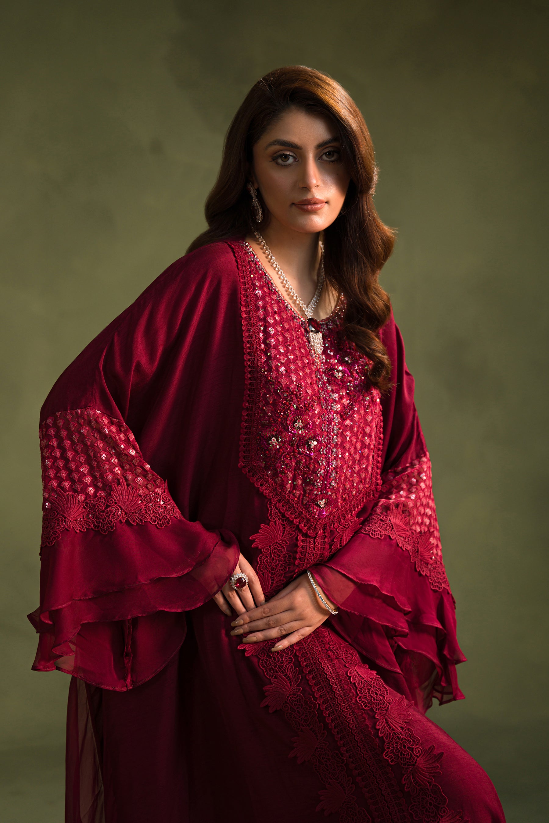 Pakistani Deep Red Hand-Embellished Blended Raw Silk Kaftan (2-Piece) - Image 5