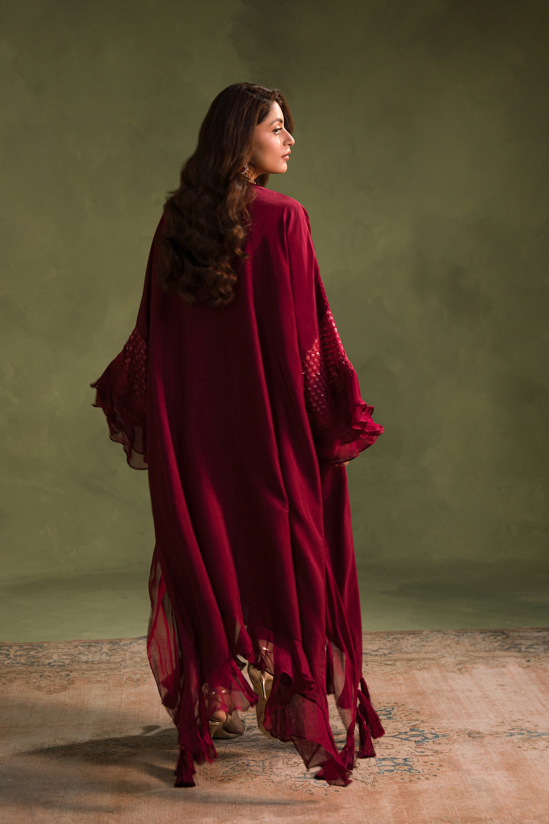 Pakistani Deep Red Hand-Embellished Blended Raw Silk Kaftan (2-Piece) - Image 6