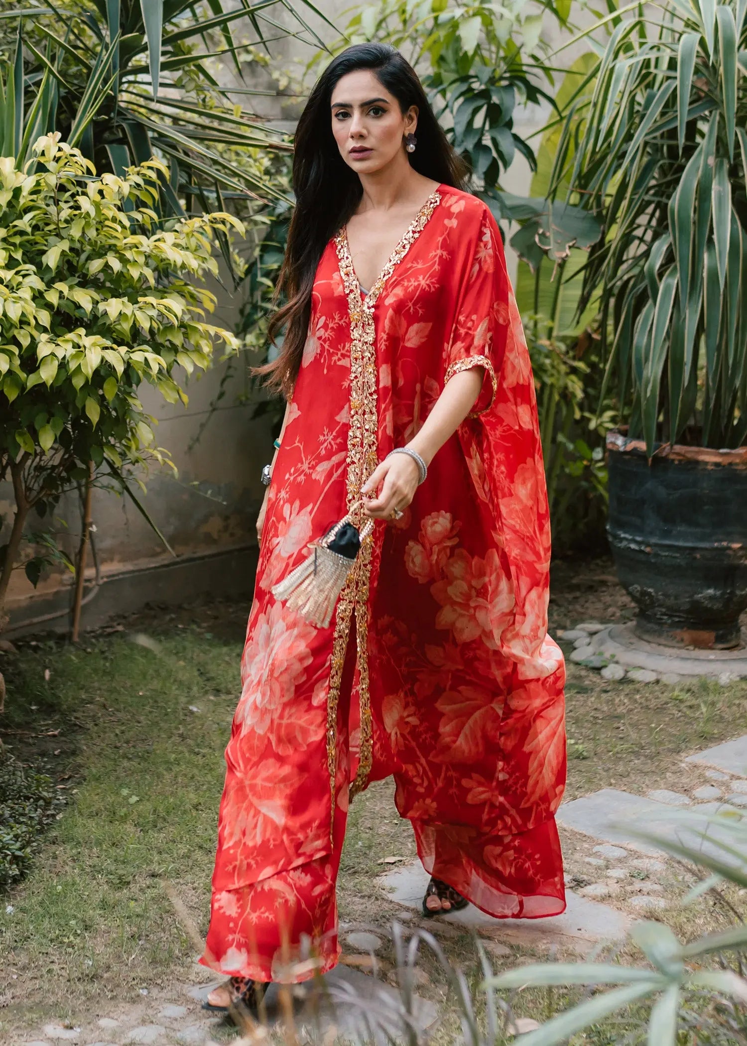 Red Floral Embellished Raw Silk Kaftan Set (2-Piece) - Image 1