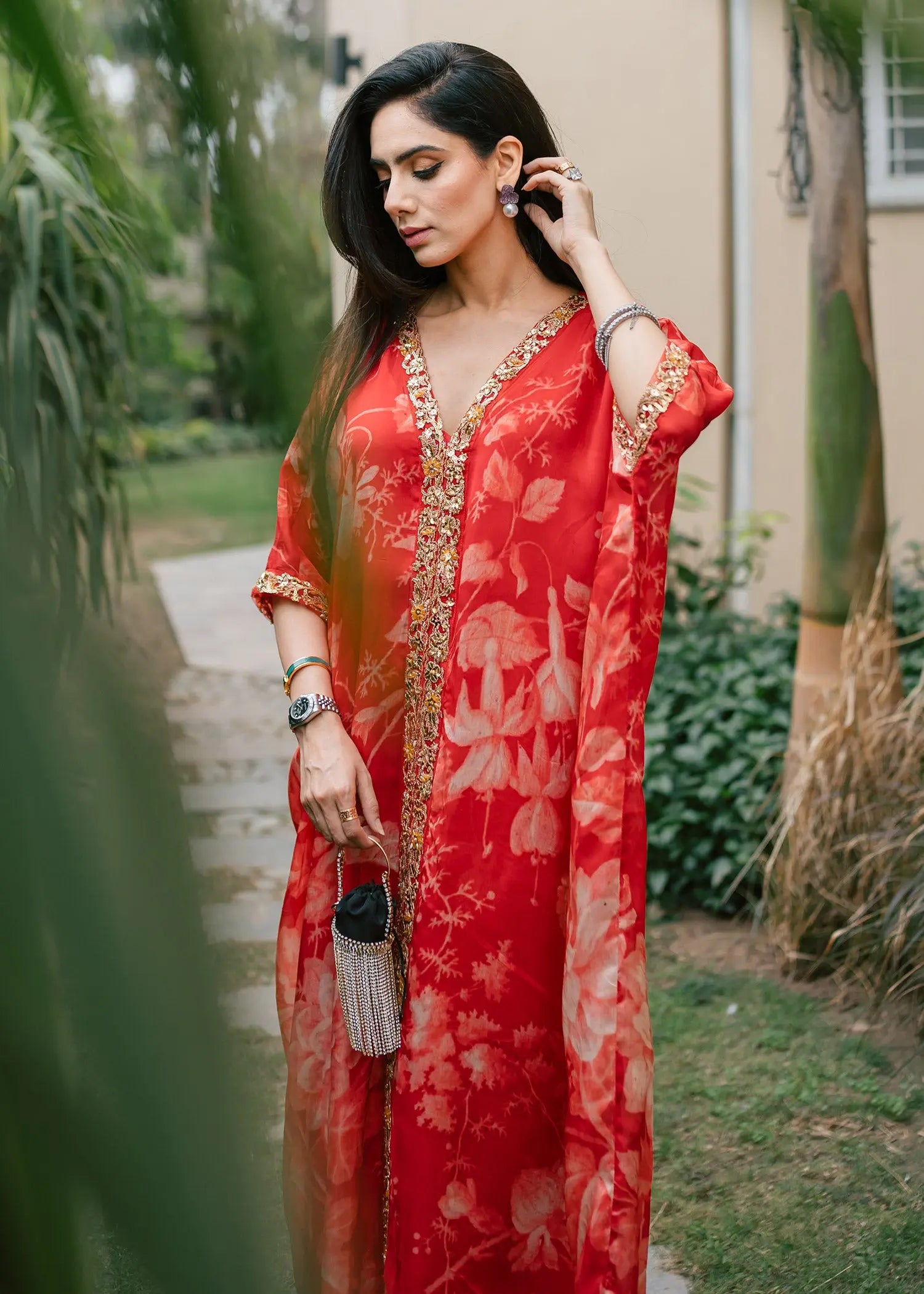 Red Floral Embellished Raw Silk Kaftan Set (2-Piece) - Image 2