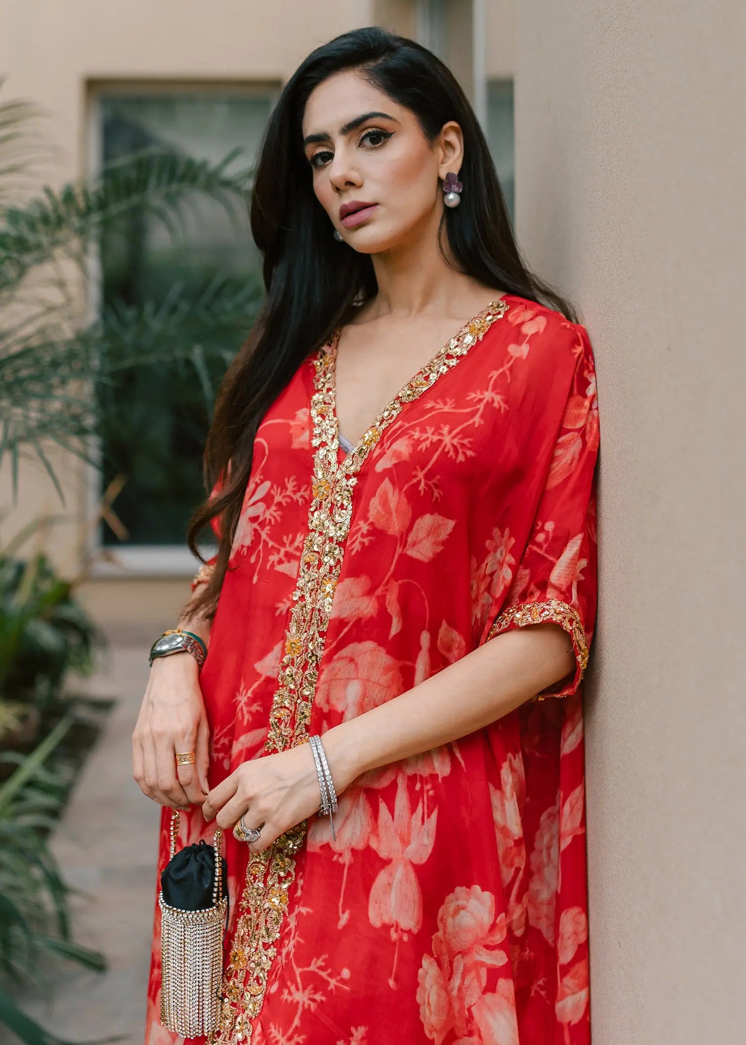 Red Floral Embellished Raw Silk Kaftan Set (2-Piece) - Image 3