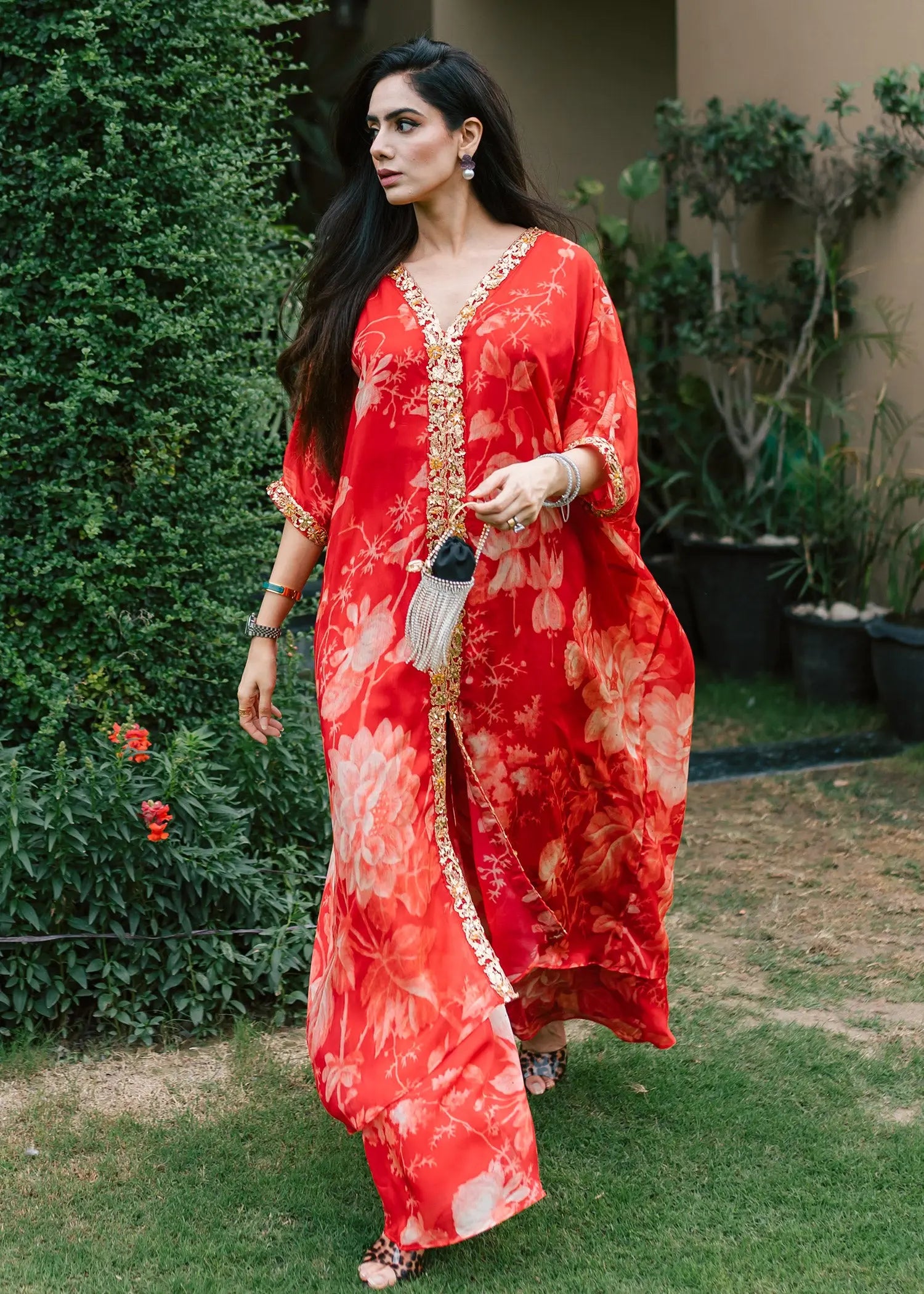 Red Floral Embellished Raw Silk Kaftan Set (2-Piece) - Image 4