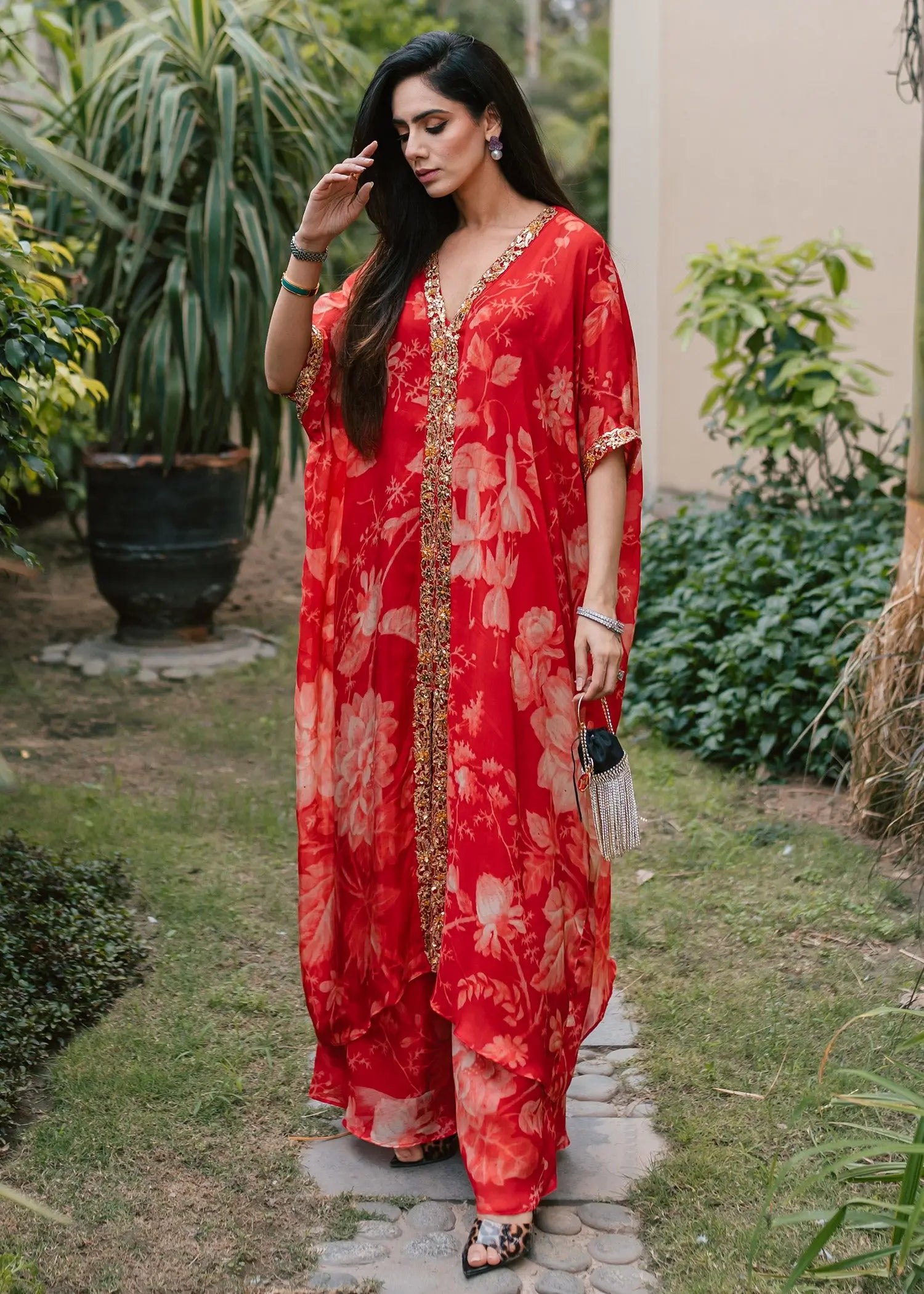 Red Floral Embellished Raw Silk Kaftan Set (2-Piece) - Image 5