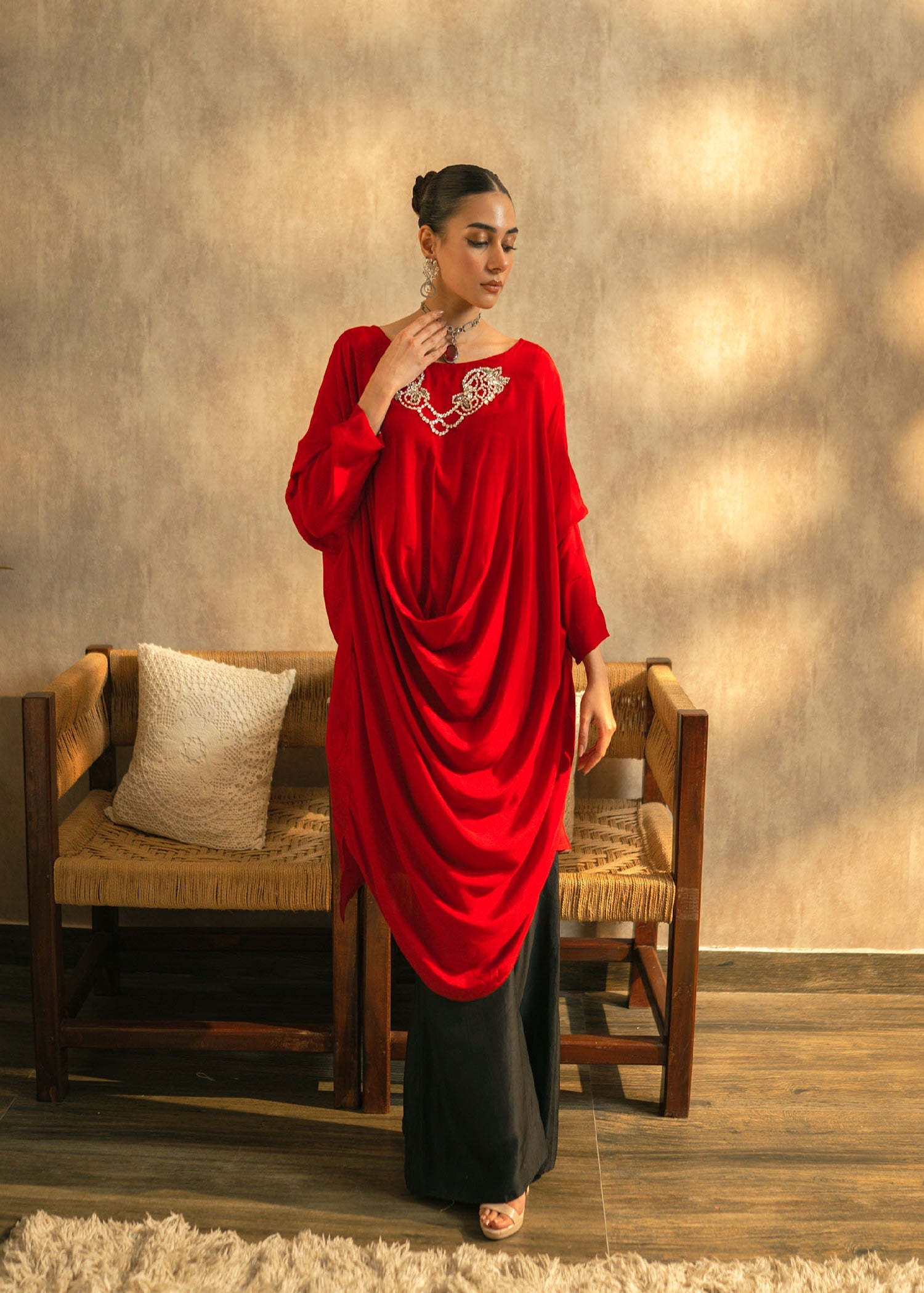 Red Embellished Raw Silk Kaftan (2-Piece) - Image 1