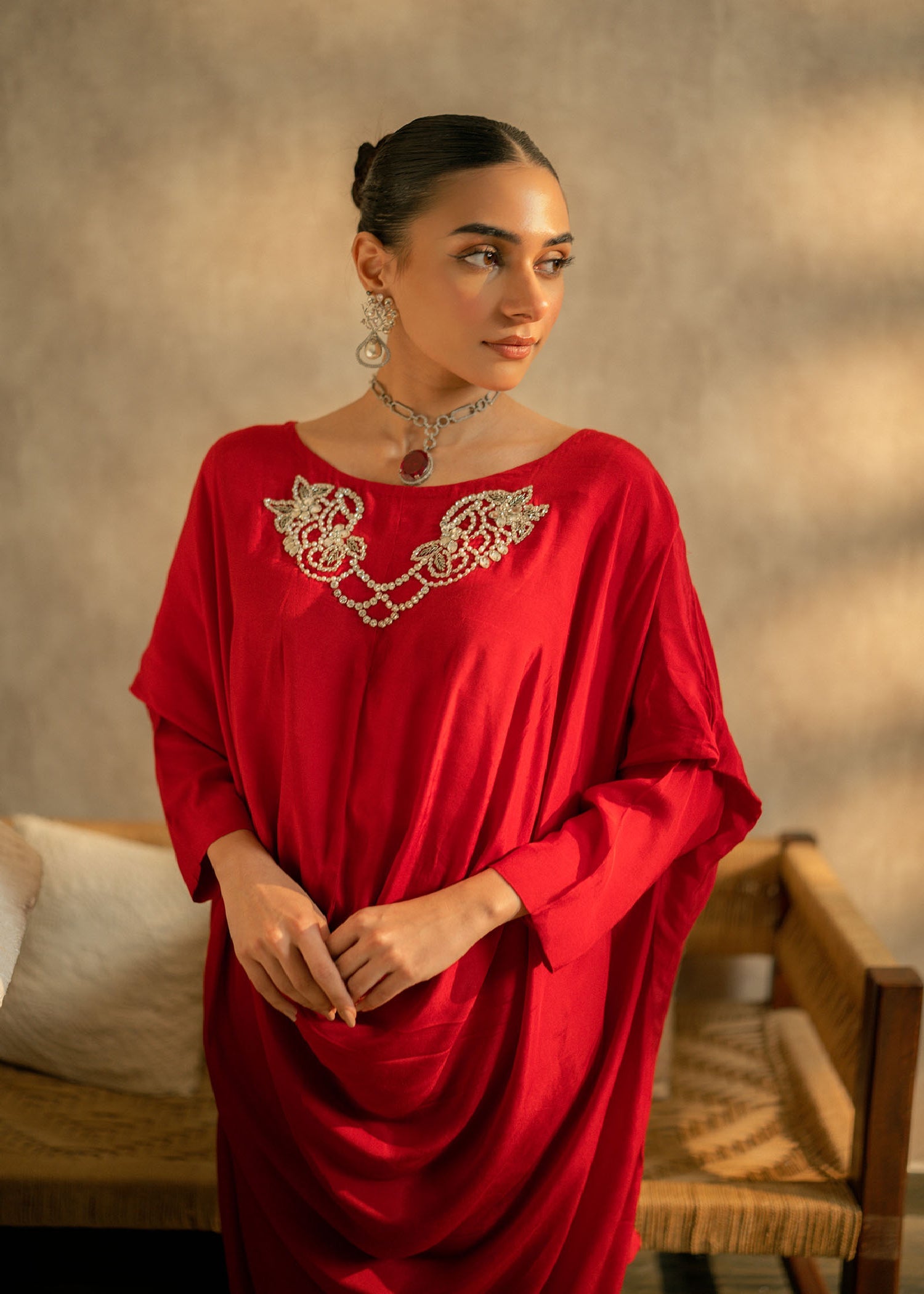 Red Embellished Raw Silk Kaftan (2-Piece) - Image 2