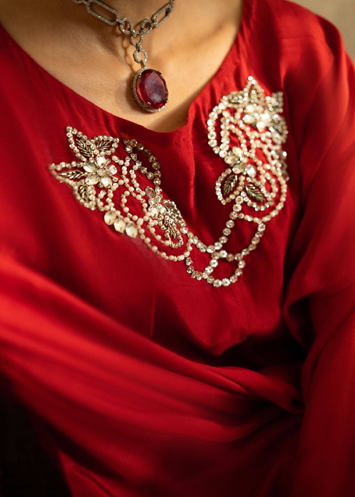 Red Embellished Raw Silk Kaftan (2-Piece) - Image 3