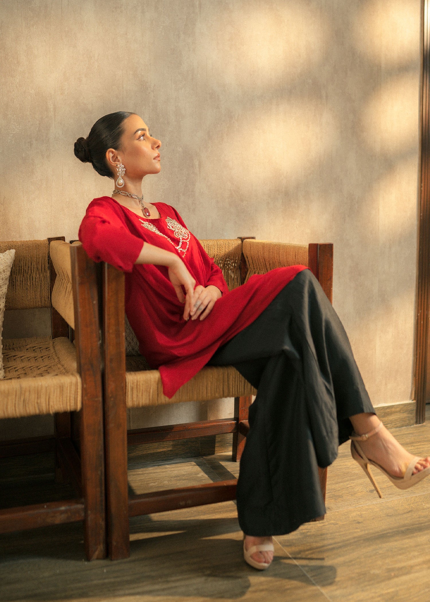 Red Embellished Raw Silk Kaftan (2-Piece) - Image 4