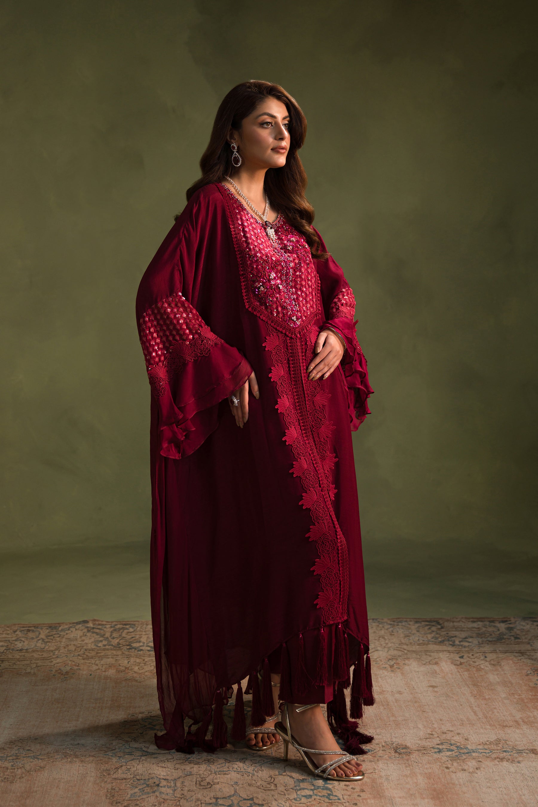 Deep Red Hand Embellished Blended Raw Silk Kaftan (2-Piece) - Image 3
