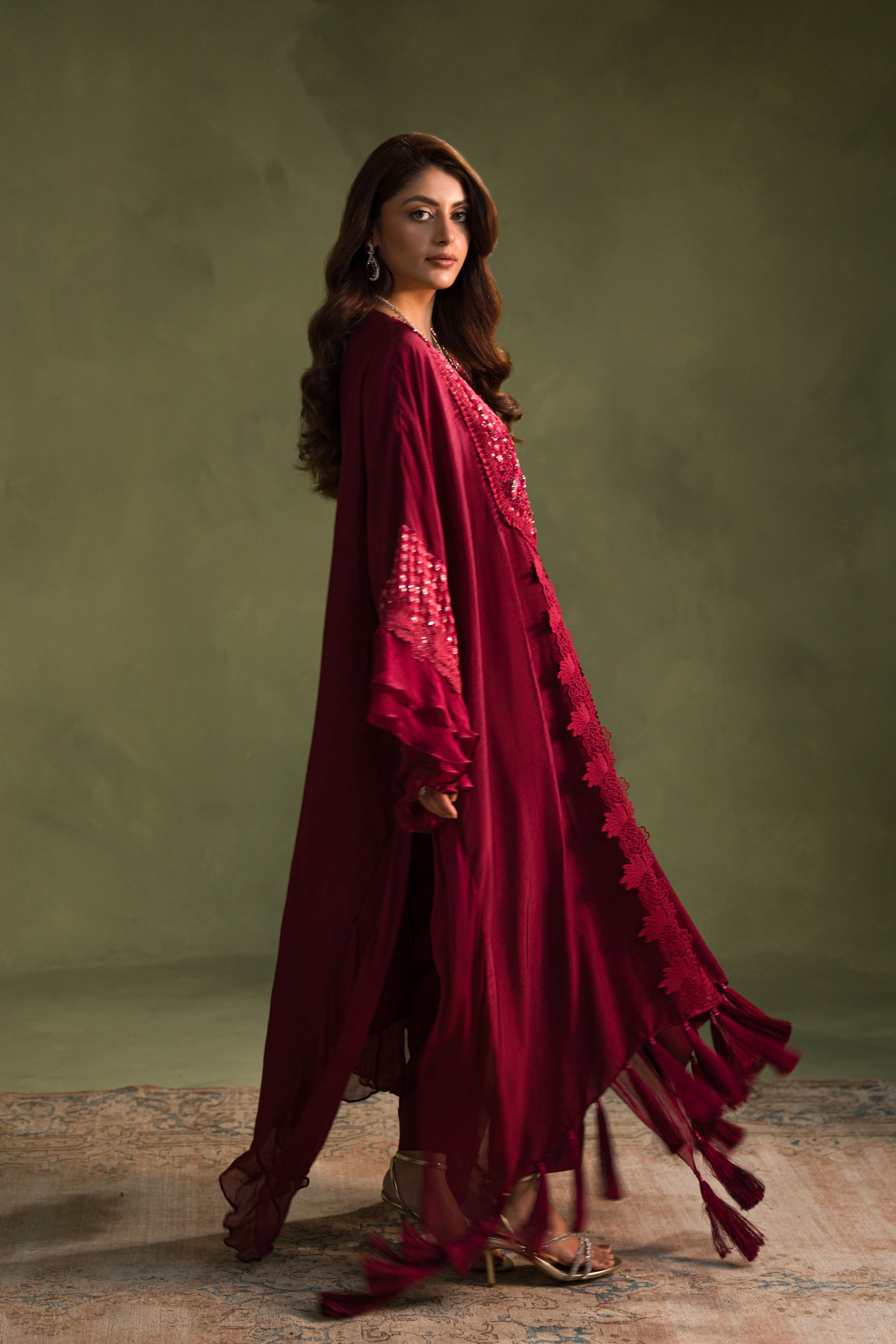 Deep Red Hand Embellished Blended Raw Silk Kaftan (2-Piece) - Image 4