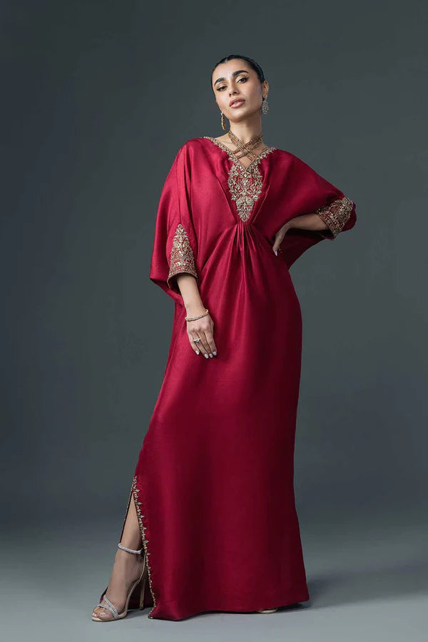 Deep Red Jeweled Pure Raw Silk Kaftan (1-Pc) - Image 1