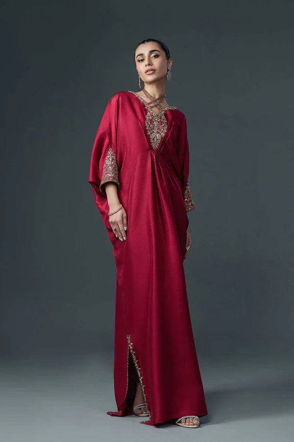 Deep Red Jeweled Pure Raw Silk Kaftan (1-Pc) - Image 2