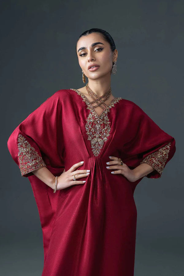 Deep Red Jeweled Pure Raw Silk Kaftan (1-Pc) - Image 3