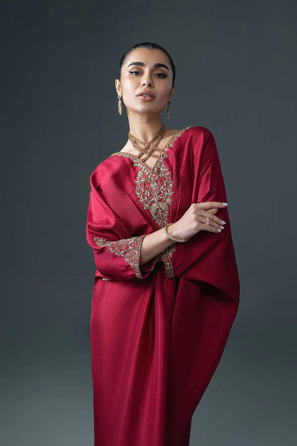 Deep Red Jeweled Pure Raw Silk Kaftan (1-Pc) - Image 4