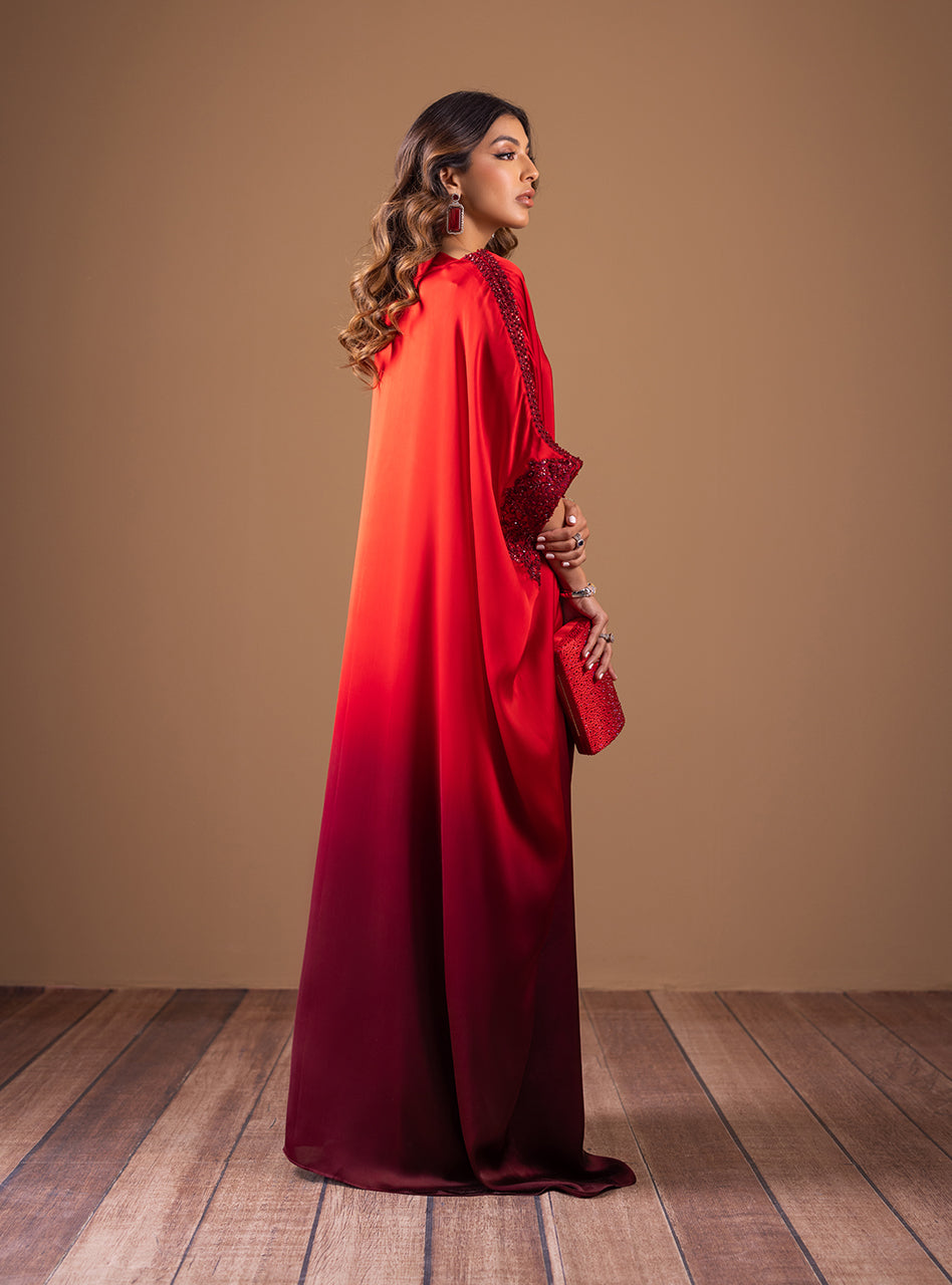 Red and Black Hand-Beaded Shamose Silk Kaftan (1-Pc) - Image 4