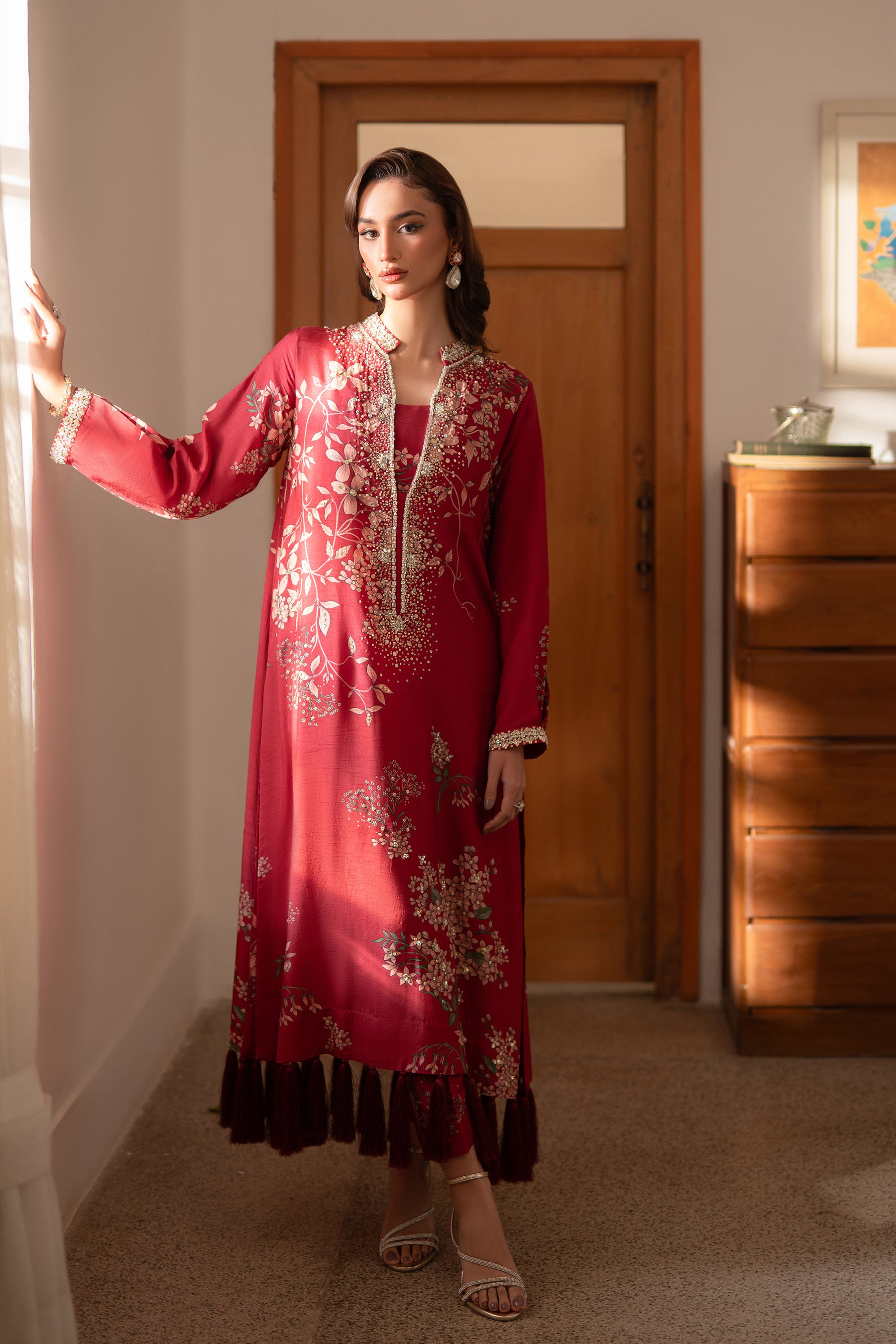 Deep Raspberry Jewel Work Blended Silk Kaftan (2-Piece) - Image 1