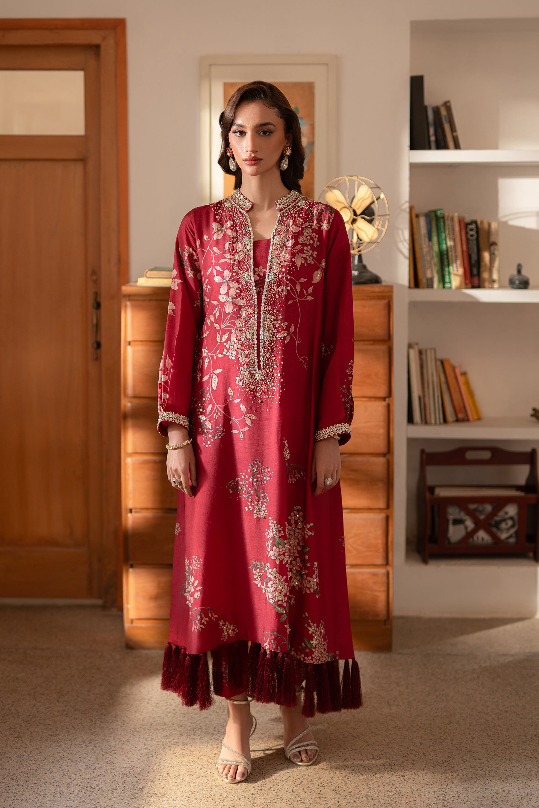 Deep Raspberry Jewel Work Blended Silk Kaftan (2-Piece) - Image 2