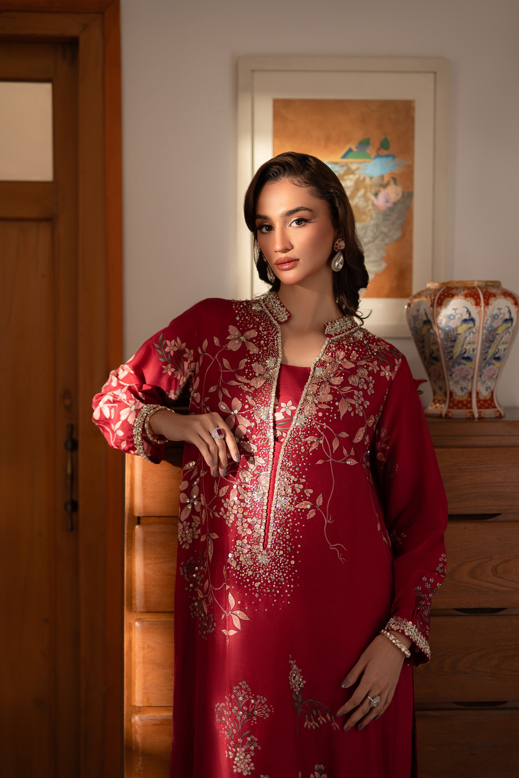 Deep Raspberry Jewel Work Blended Silk Kaftan (2-Piece) - Image 5