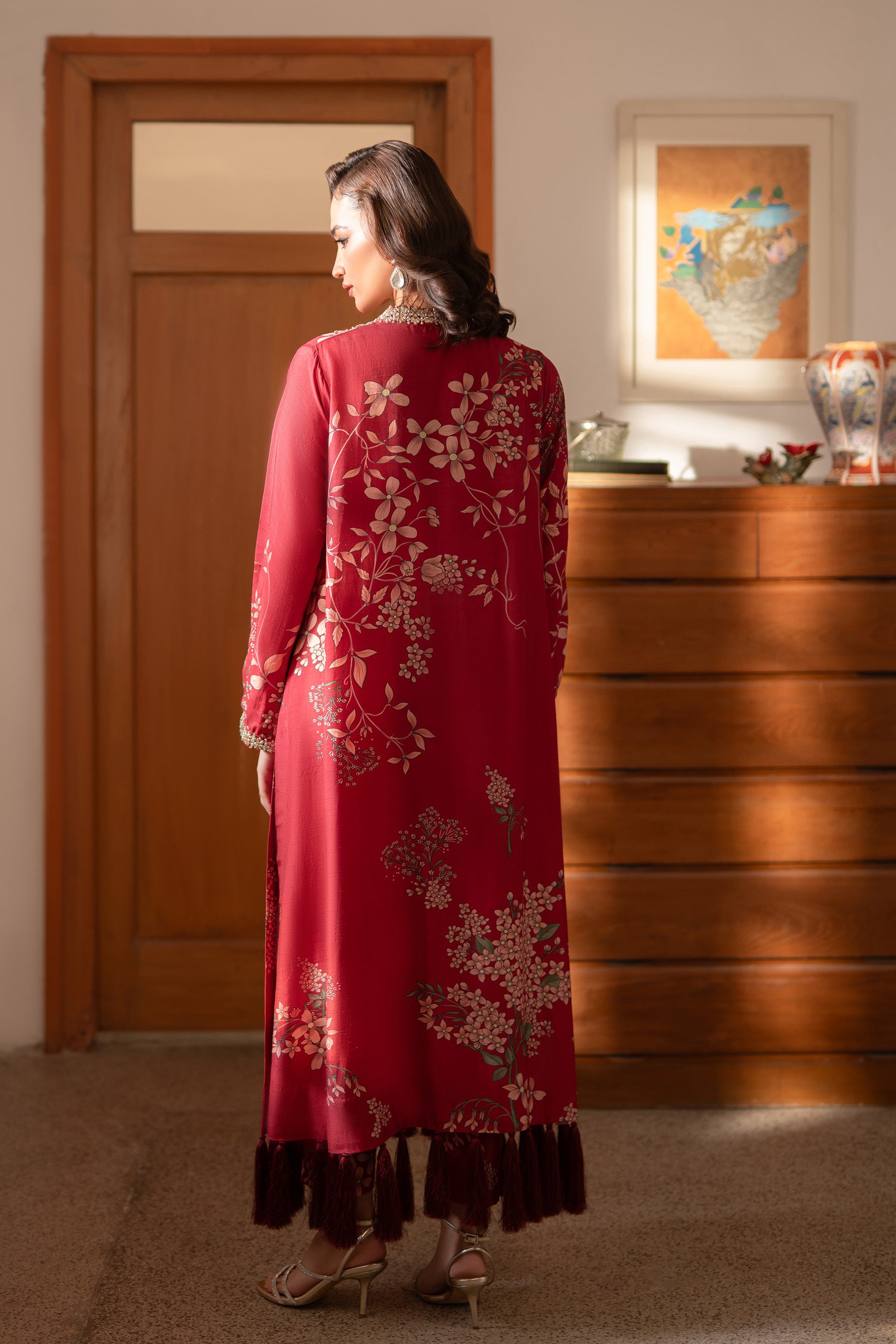 Deep Raspberry Jewel Work Blended Silk Kaftan (2-Piece) - Image 3