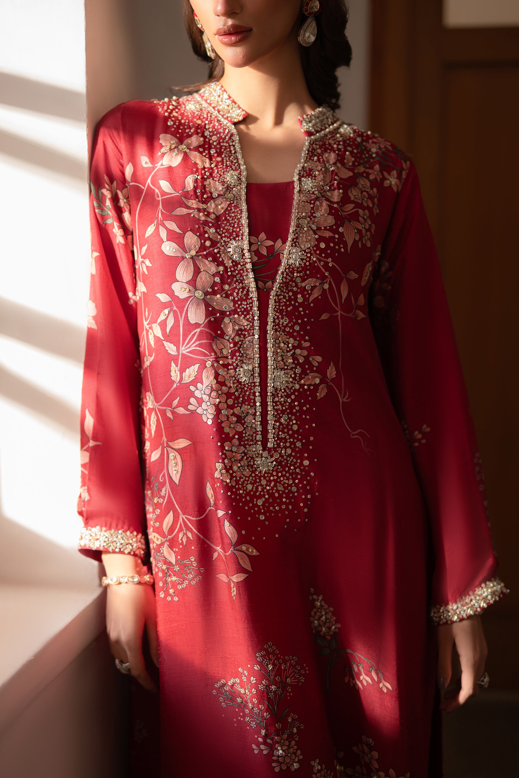 Deep Raspberry Jewel Work Blended Silk Kaftan (2-Piece) - Image 4