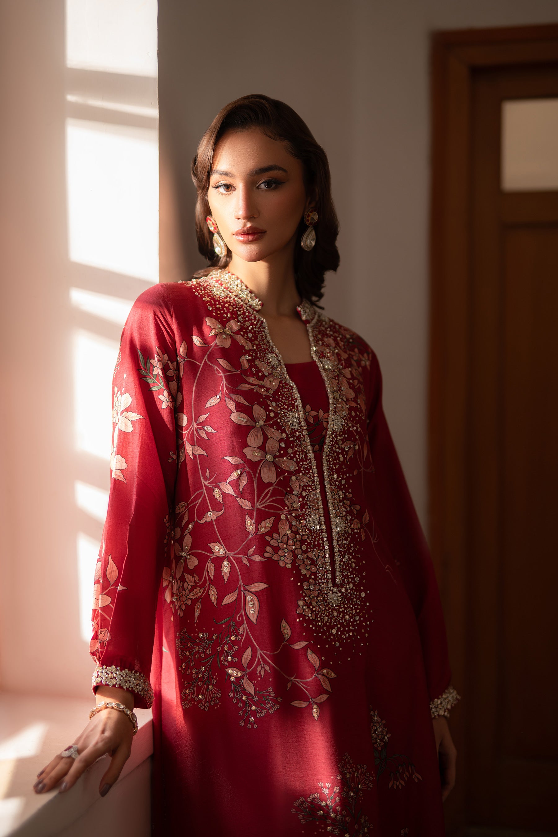 Deep Raspberry Jewel Work Blended Silk Kaftan (2-Piece) - Image 6