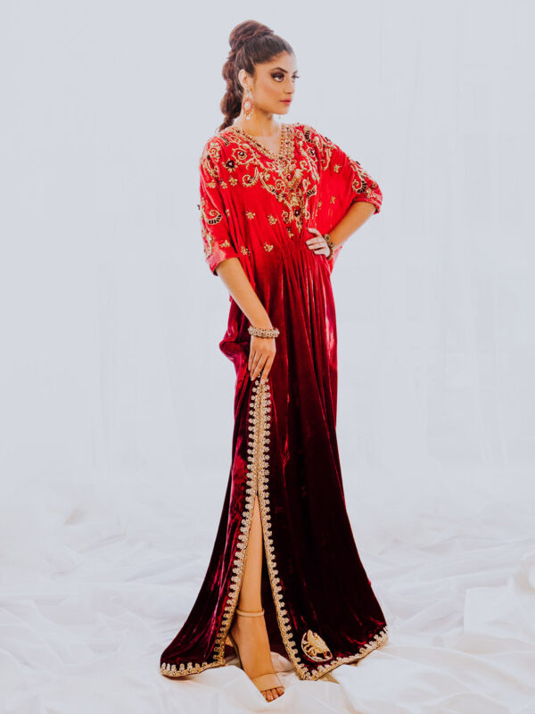 Pakistani Deep Red Gold Embroidered Velvet Kaftan (1-Pc) - Image 1