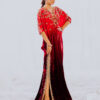 Pakistani Deep Red Gold Embroidered Velvet Kaftan (1-Pc) - Image 2