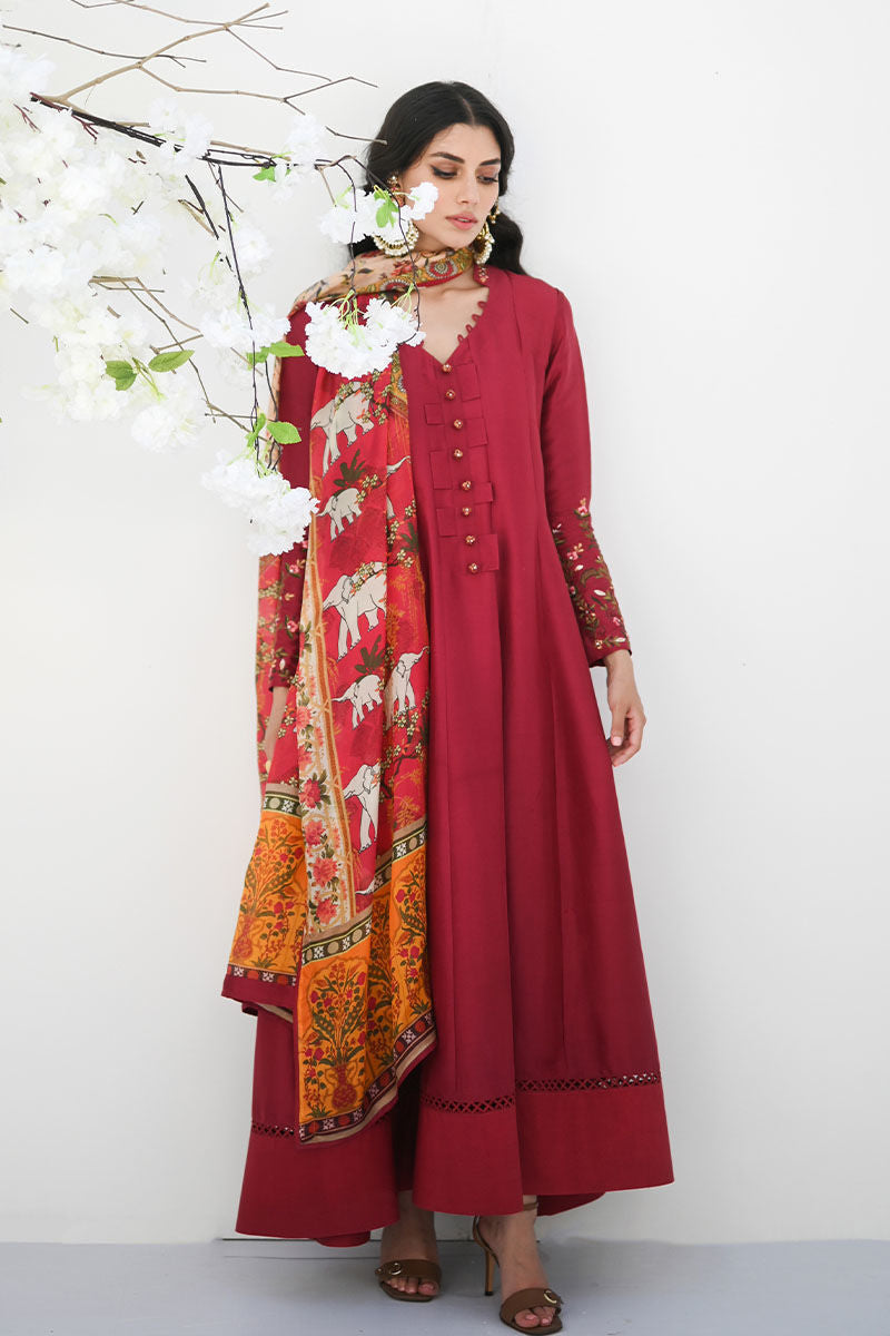 Pakistani Deep Ruby Embroidered Silk Kalidar Shirt (2-Piece) - Image 1