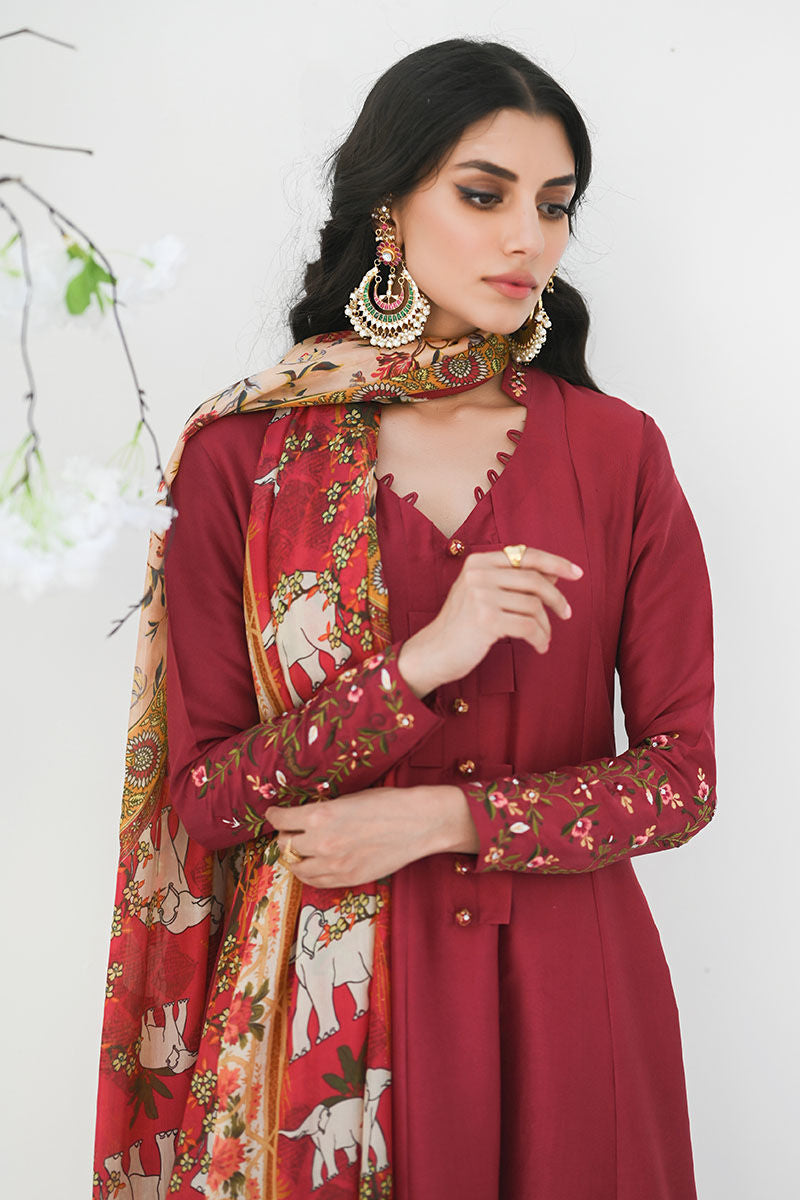 Pakistani Deep Ruby Embroidered Silk Kalidar Shirt (2-Piece) - Image 2