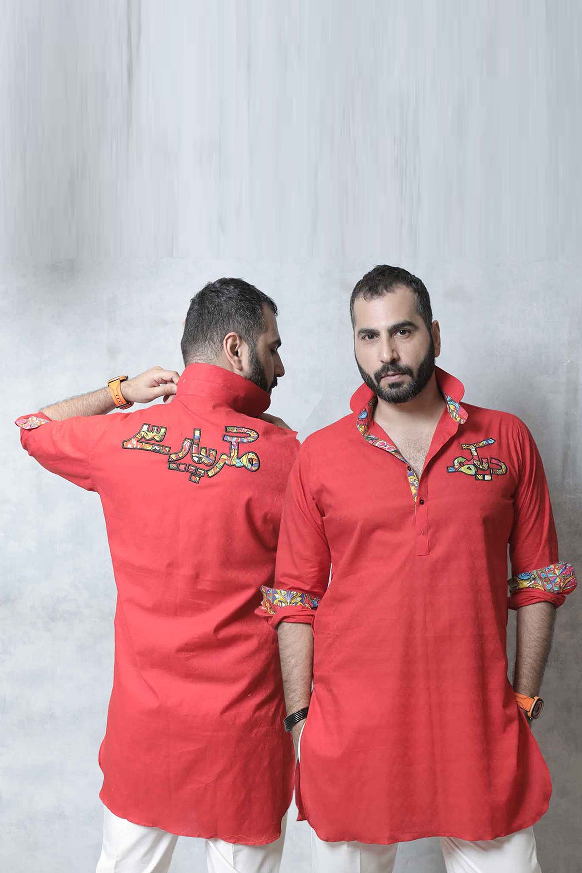 Red Embroidered Cotton Kurta (2-Piece) - Image 1