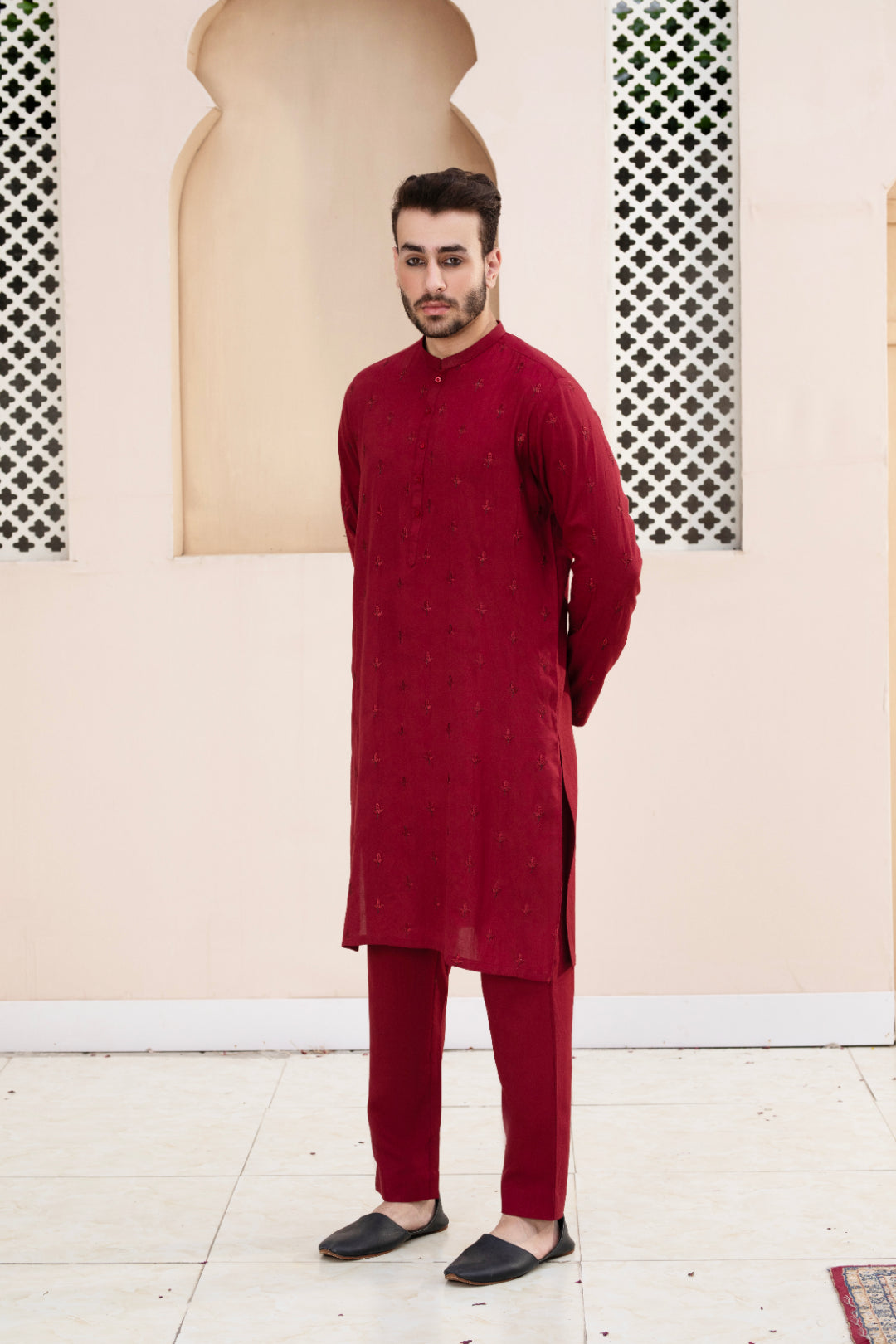 Deep Red Embroidered Cotton Row Silk Kurta Pajama (2-Piece) - Image 2