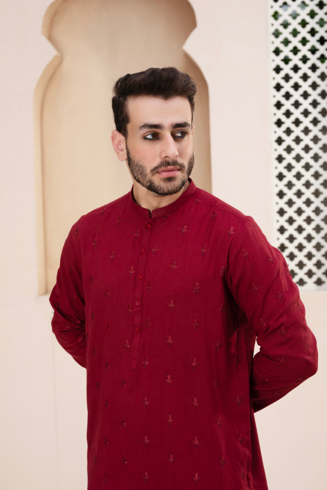Deep Red Embroidered Cotton Row Silk Kurta Pajama (2-Piece) - Image 3