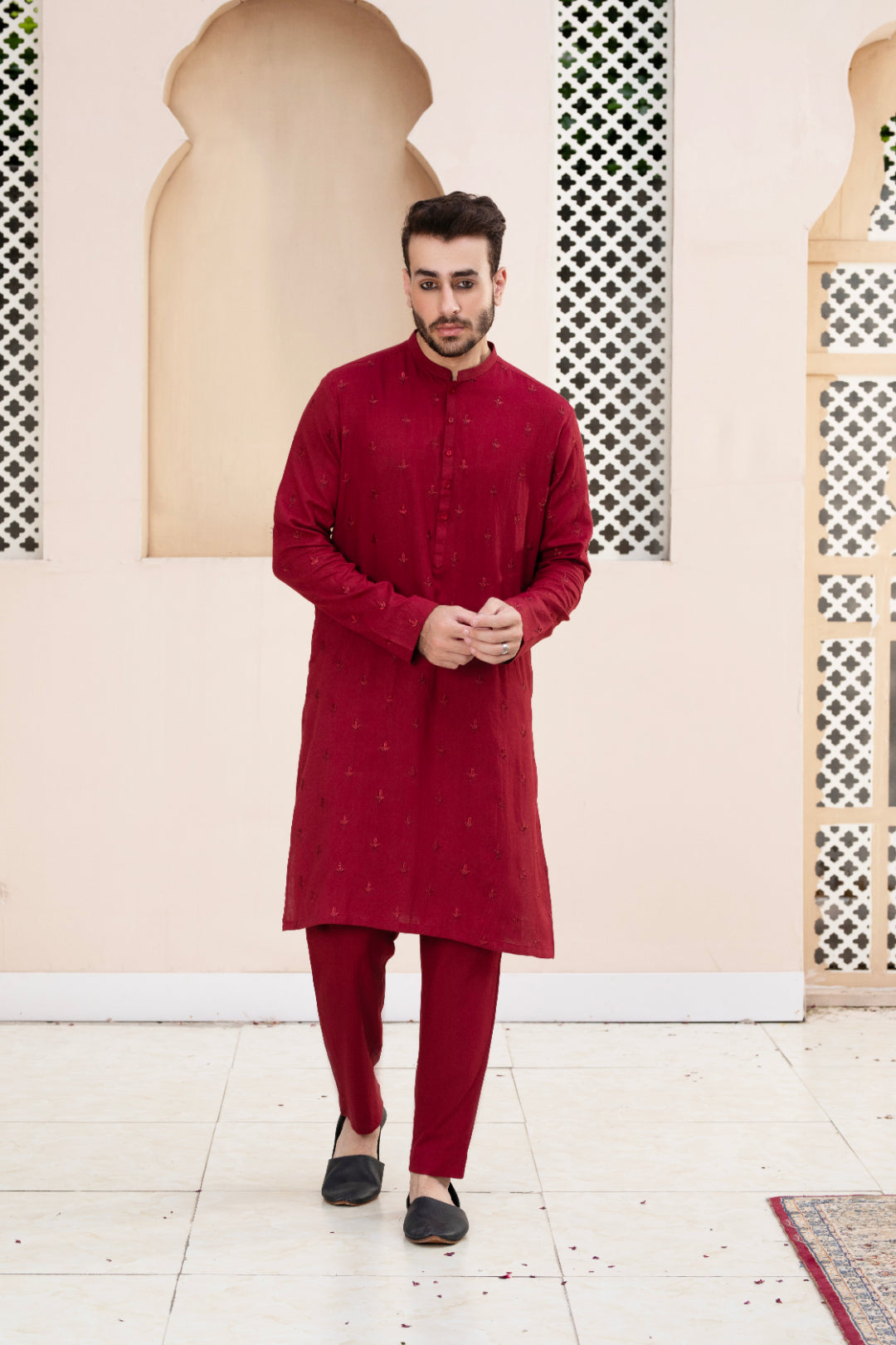 Deep Red Embroidered Cotton Silk Kurta Pajama (2-Piece) - Image 1