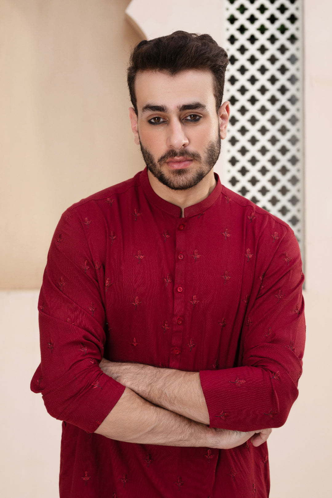 Deep Red Embroidered Cotton Silk Kurta Pajama (2-Piece) - Image 4