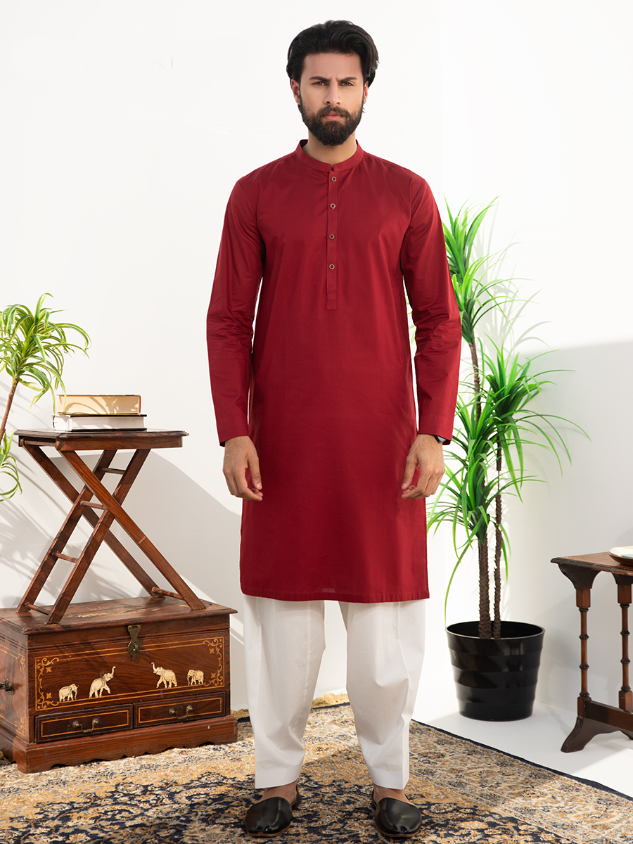 Cardinal Red Cotton Kurta (2-Piece) - Image 1