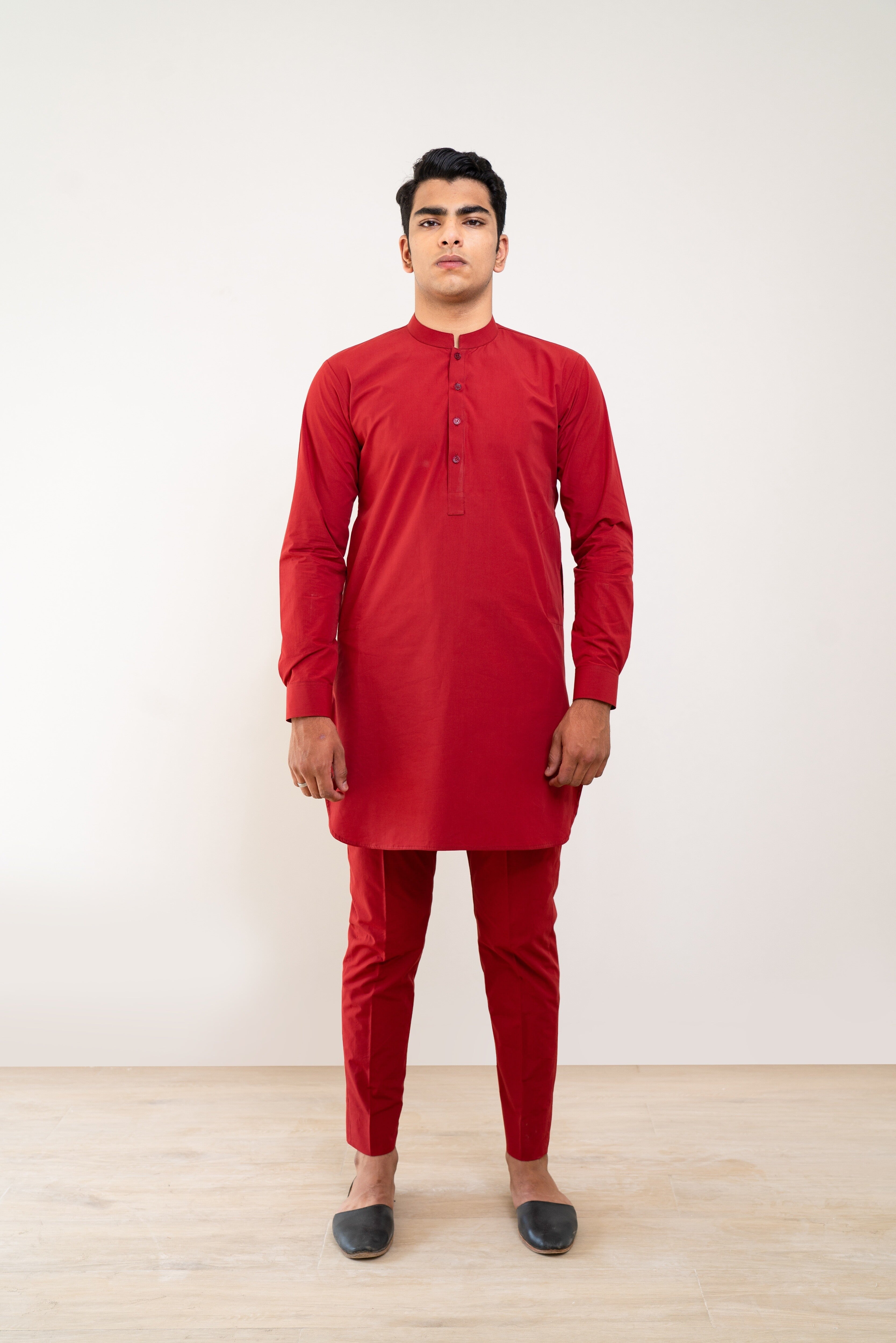 Tomato Red Cotton Kurta Trouser Set (2-Piece) - Image 1