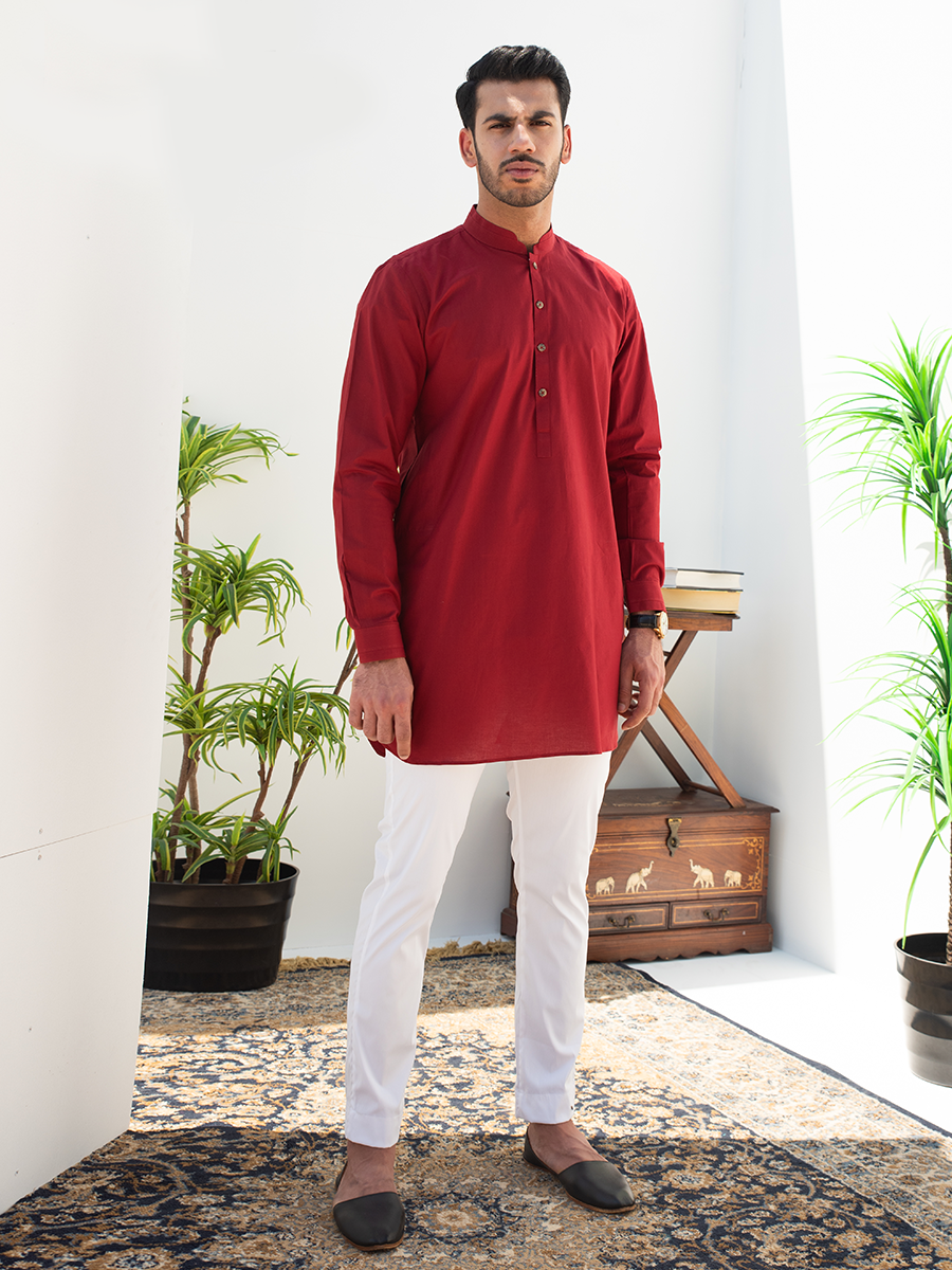 Red Cotton Short Kurta (2-Piece) - Image 1