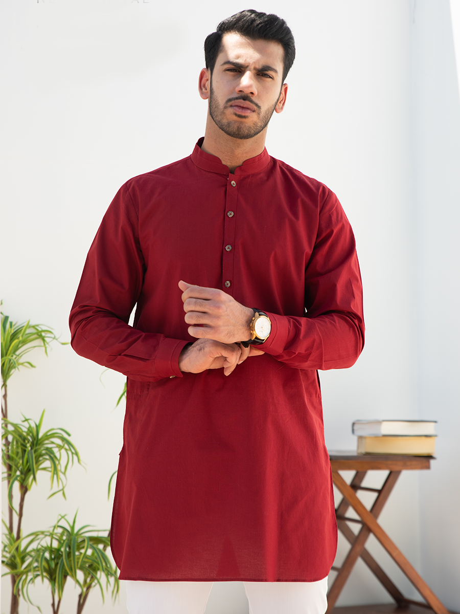 Red Cotton Short Kurta (2-Piece) - Image 2