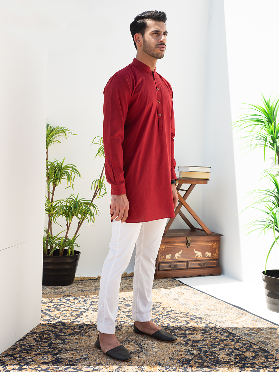 Red Cotton Short Kurta (2-Piece) - Image 3