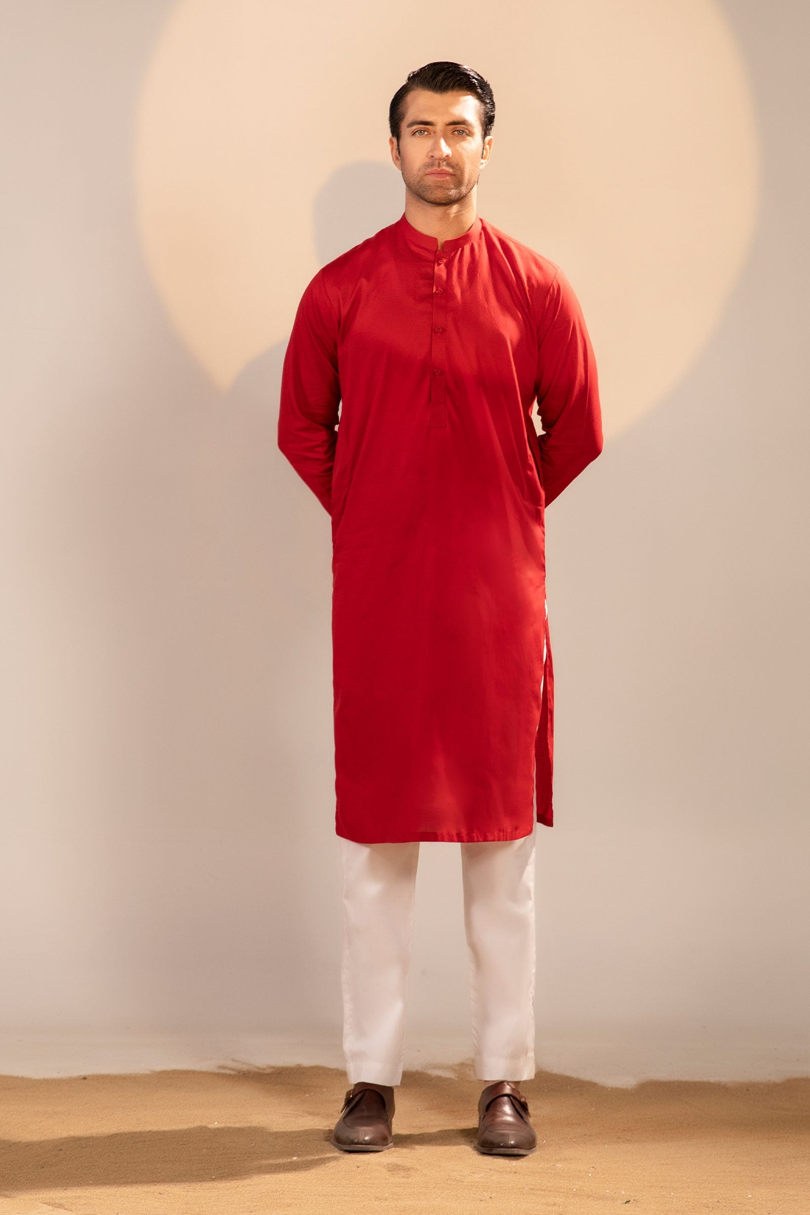 Red Dobby Cotton Kurta (2-Piece) - Image 1