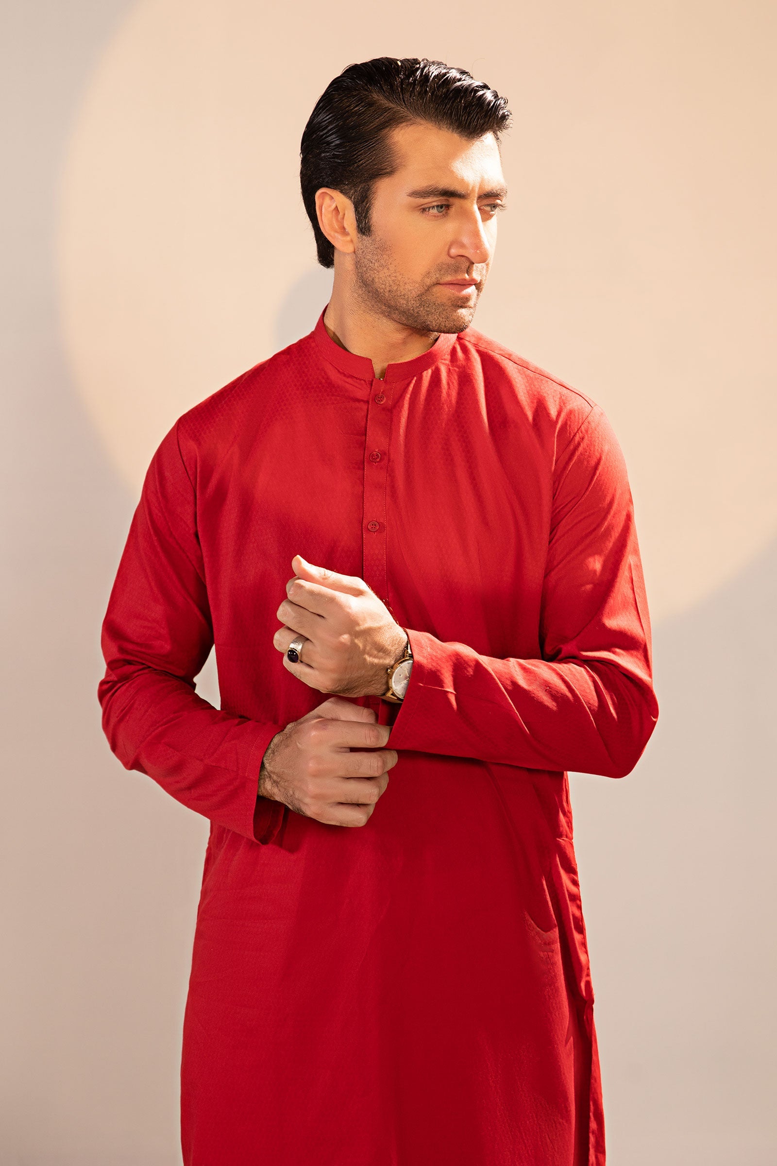 Red Dobby Cotton Kurta (2-Piece) - Image 4