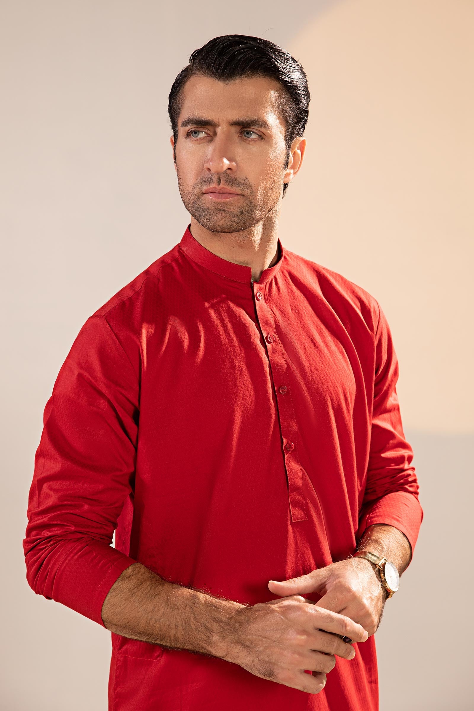 Red Dobby Cotton Kurta (2-Piece) - Image 5