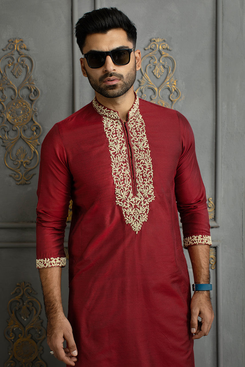 Deep Red Kora Dabka Raw Silk Kurta Pajama (2-Piece) - Image 2