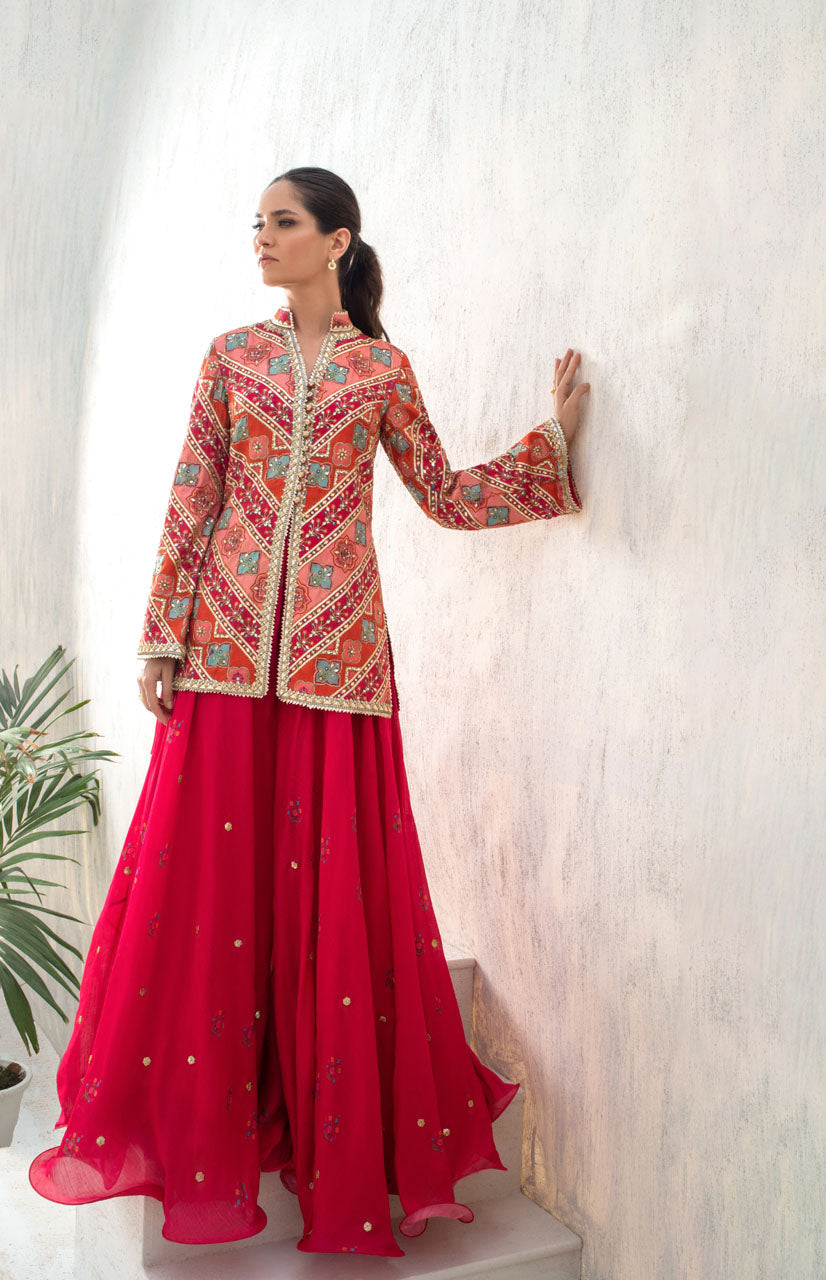 Vermillion Gota Khaddi Silk Lehenga (2-Piece) - Image 2