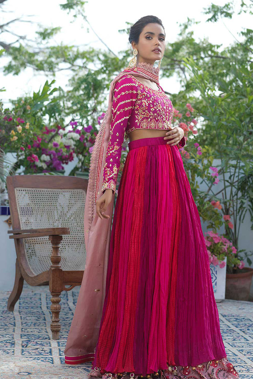 Pakistani Crimson Embroidered Raw Silk Choli with Crushed Lehenga (3-Piece) - Image 1