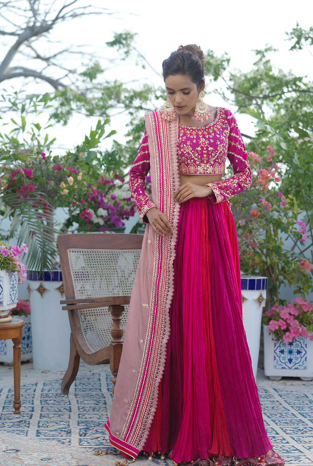 Pakistani Crimson Embroidered Raw Silk Choli with Crushed Lehenga (3-Piece) - Image 4