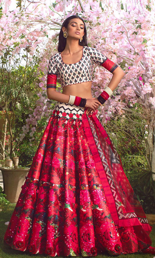 Pakistani Scarlet Printed Satin-Silk Lehenga (3-Piece) - Image 11