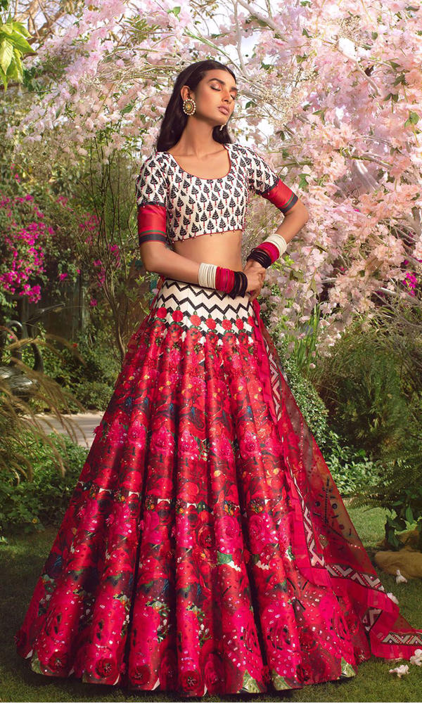Pakistani Scarlet Printed Satin-Silk Lehenga (3-Piece) - Image 12